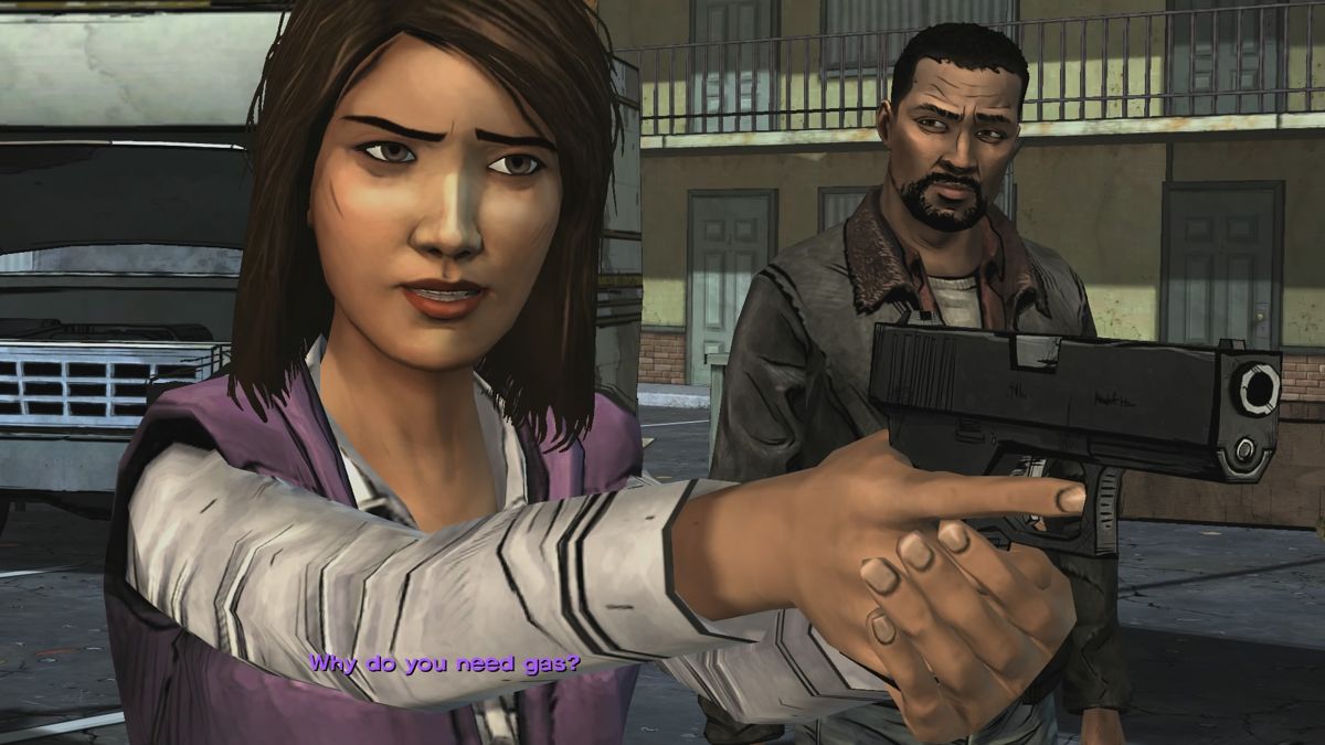 The Walking Dead: The Complete First Season Plus 400 Days (PlayStation 4) screenshot: Episode 2 - The reporter knows how to ask key questions