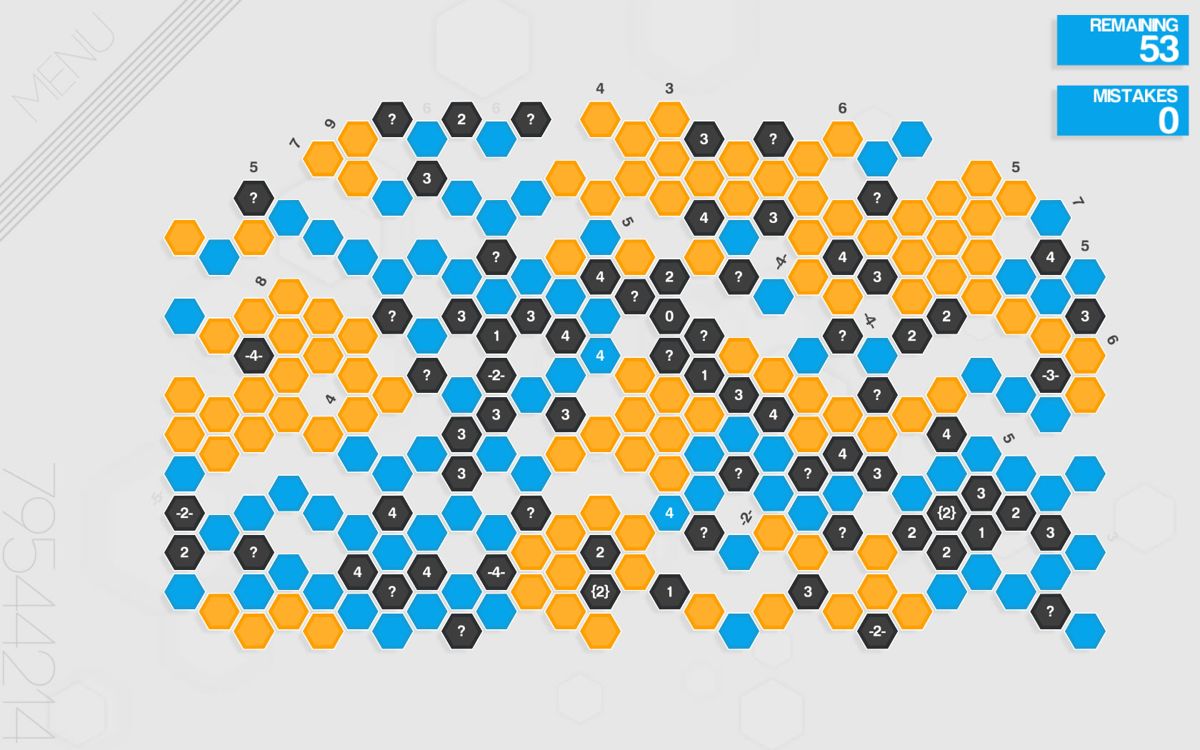 Hexcells Infinite (Windows) screenshot: Playing a custom puzzle. The seed is shown on the left. They are not easy!