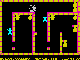 Bomber Bob In Pentagon Capers (ZX Spectrum) screenshot: Quite easy room with well known robots