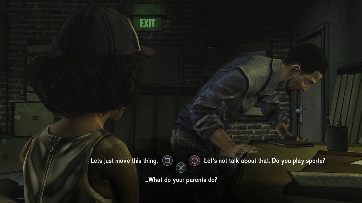 The Walking Dead: The Complete First Season Plus 400 Days (PlayStation 4) screenshot: Episode 1 - Trying to avoid Clementine's question