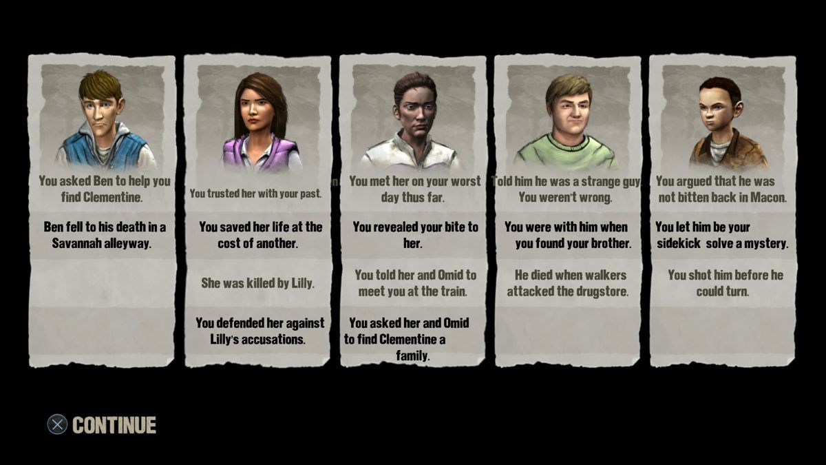 The Walking Dead: The Complete First Season Plus 400 Days (PlayStation 4) screenshot: Episode 5 - Summary of your choices and events to other characters through the first season