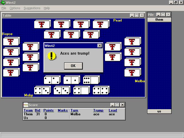 Win42 (Windows) screenshot: The opposition win the bid and nominate aces (ones) as the trump suit