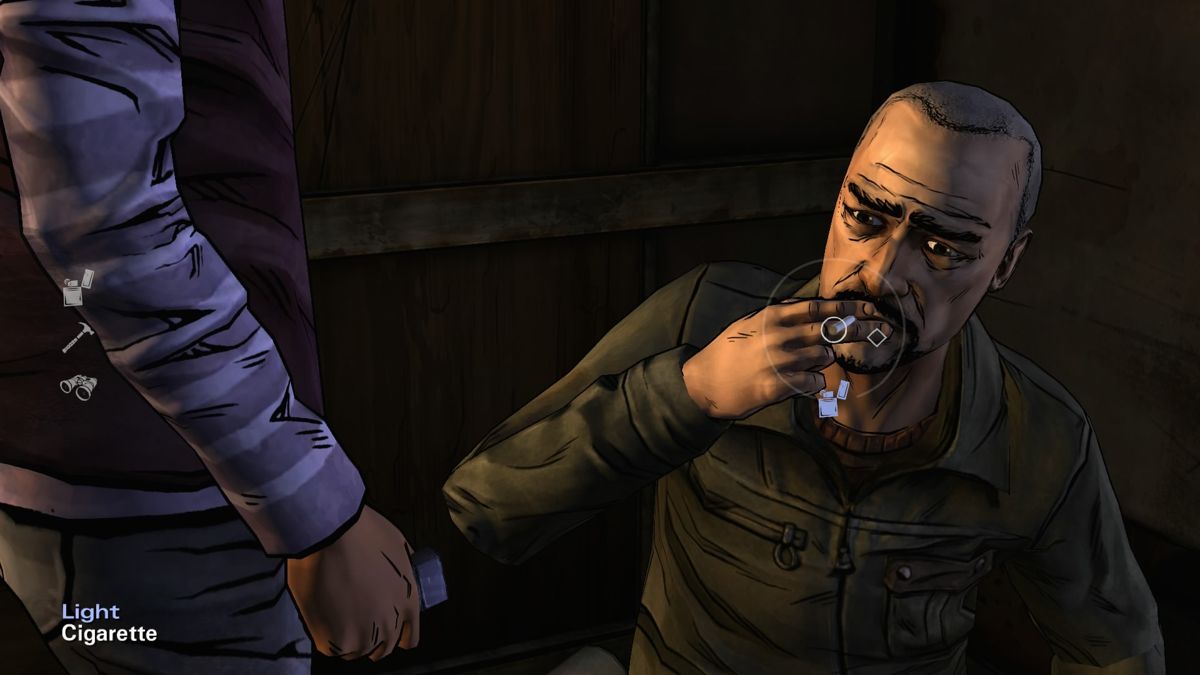 The Walking Dead: Season Two (PlayStation 4) screenshot: Episode 2 - Well, smoking won't kill him for sure