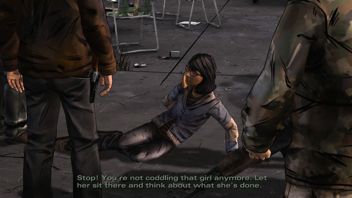 The Walking Dead: Season Two (PlayStation 4) screenshot: Episode 3 - Teaching Sarah a lesson about manners... Carver-style