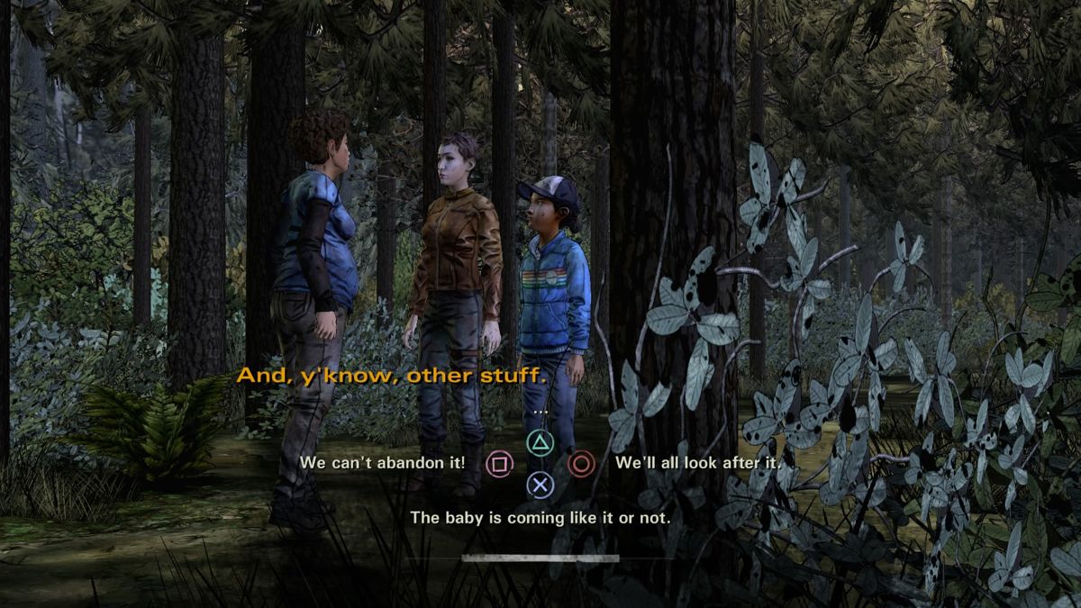 The Walking Dead: Season Two (PlayStation 4) screenshot: Episode 4 - Discussing the future for the child born into such world
