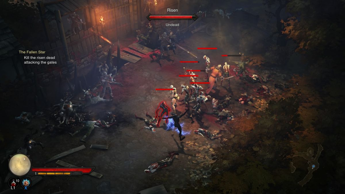 Diablo III: Reaper of Souls - Ultimate Evil Edition (PlayStation 4) screenshot: Diablo III - Holding off the undead attack on New Tristram