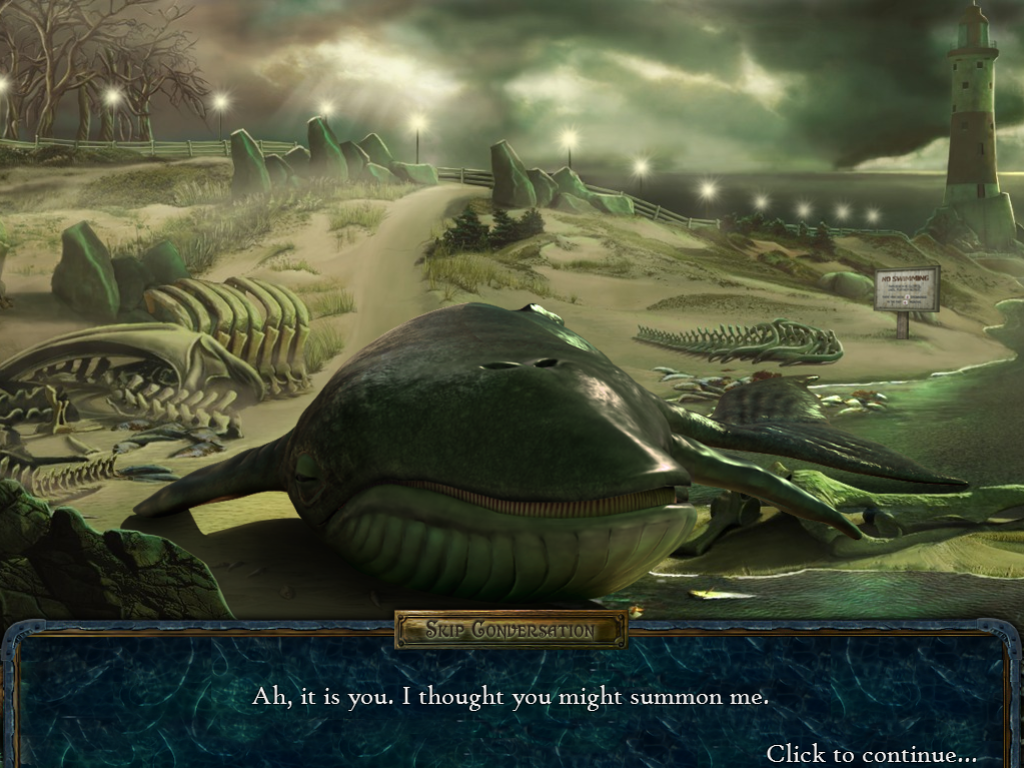 Small Town Terrors: Pilgrim's Hook (Windows) screenshot: Using a magical items, you talk to the spirit of a beached whale.