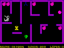 Bomber Bob In Pentagon Capers (ZX Spectrum) screenshot: Starting in the 4th set of rooms