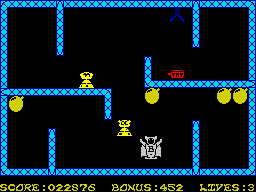 Bomber Bob In Pentagon Capers (ZX Spectrum) screenshot: Pursued by some tough yellow mixer