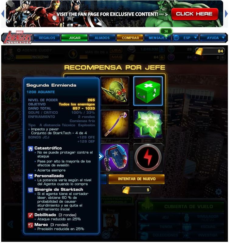 Marvel: Avengers Alliance (Browser) screenshot: Boss reward table with the description of one weapon for the agent.