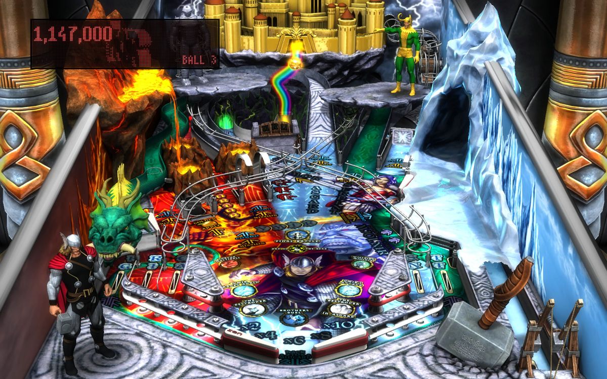 Marvel Pinball: Vengeance and Virtue (Windows) screenshot: <i>Thor</i> - In the back the ball is transported to Asgard over the rainbow bridge to start a mission.
