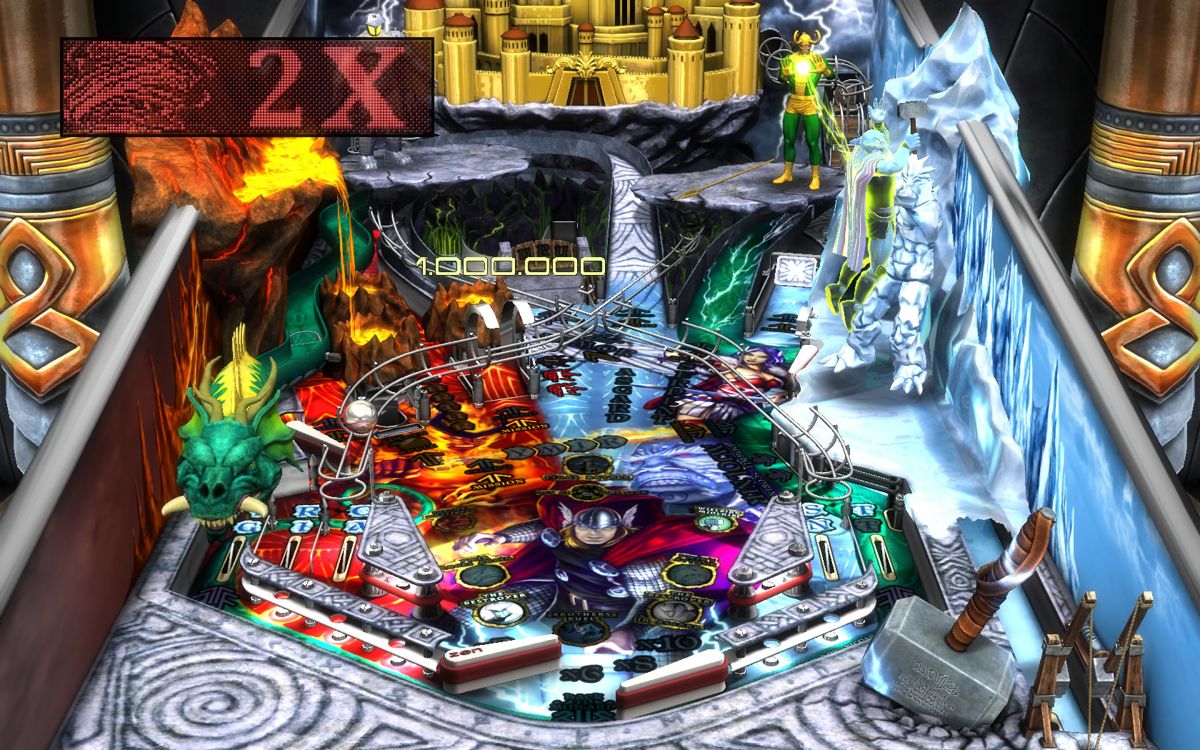 Marvel Pinball: Vengeance and Virtue (Windows) screenshot: <i>Thor</i> - Fighting Ymir on the right. Loki is not helping at all.