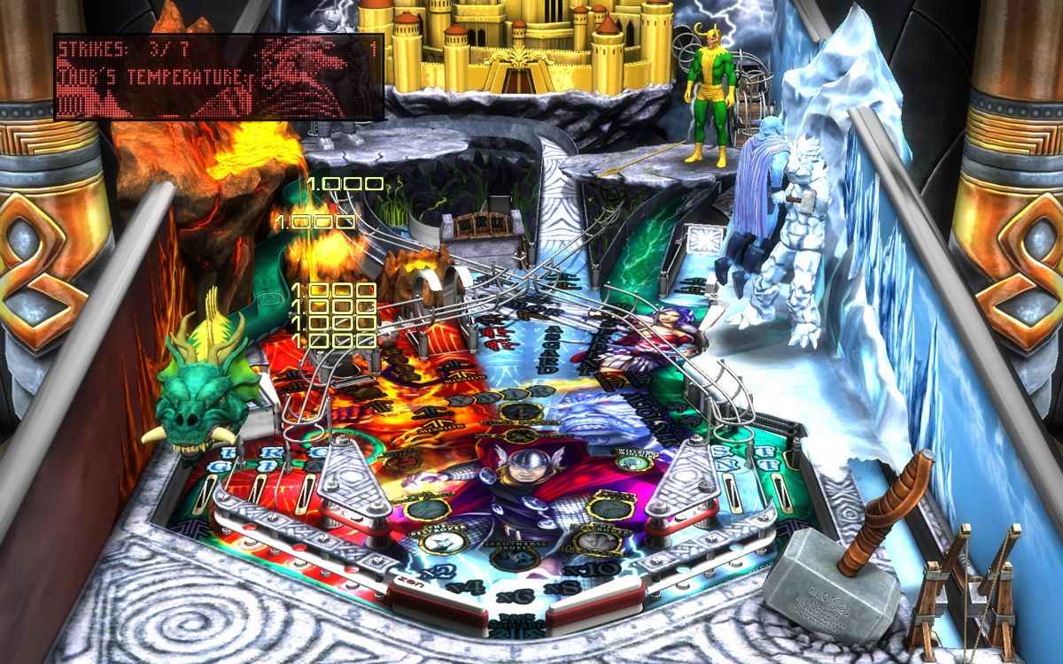 Marvel Pinball: Vengeance and Virtue (Windows) screenshot: <i>Thor</i> - Thor is almost frozen and needs three more strikes to defeat Ymir.