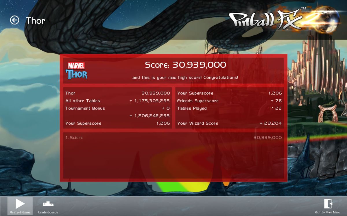 Marvel Pinball: Vengeance and Virtue (Windows) screenshot: <i>Thor</i> - Score screen
