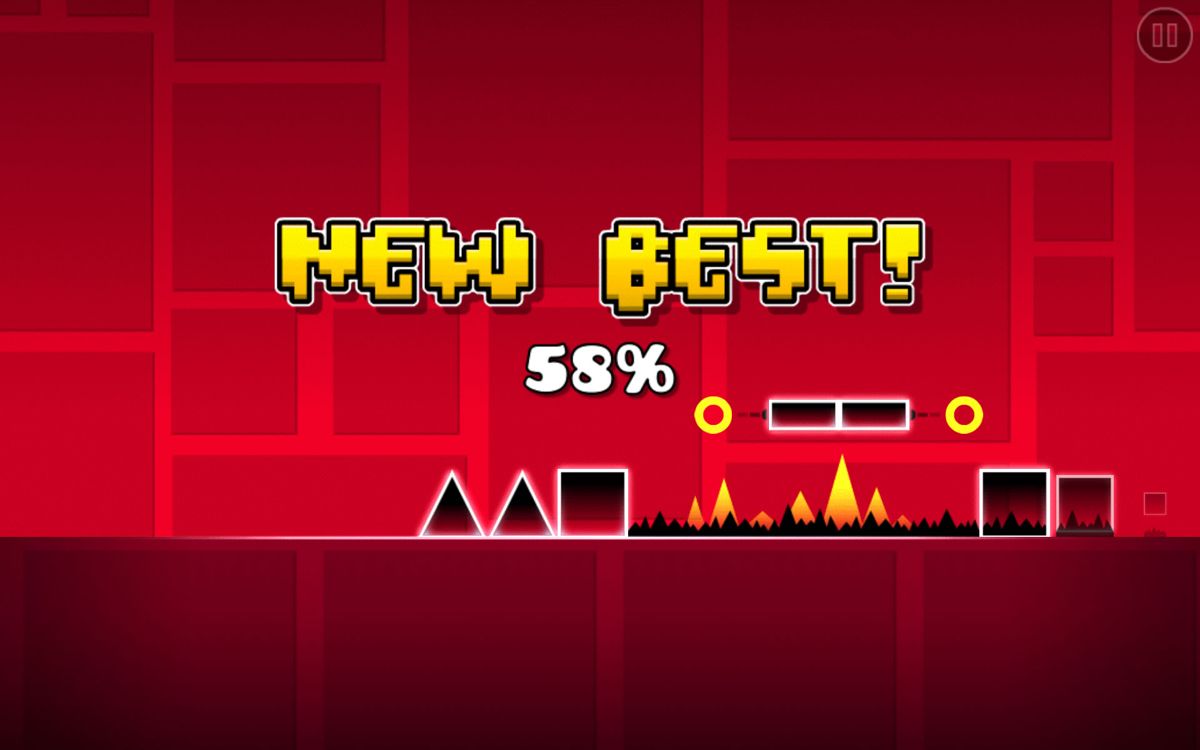 Geometry Dash (Android) screenshot: 58% completed, but now you'll have to start over.