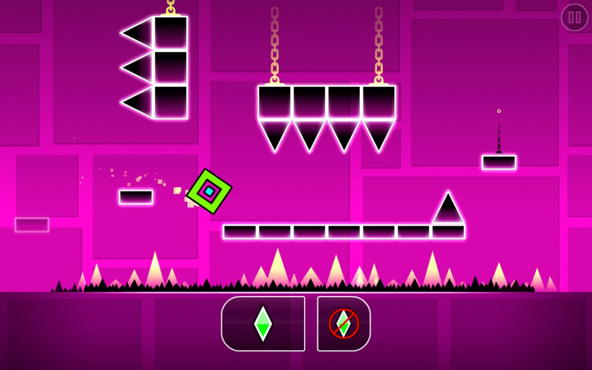 Geometry Dash (Android) screenshot: Playing the practice mode, with checkpoint options at the bottom.