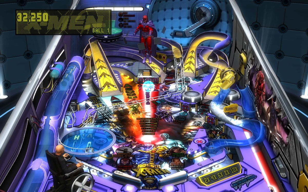 Marvel Pinball: Vengeance and Virtue (Windows) screenshot: <i>X-Men</i> - Note the blue halo surrounding the ball in the middle.