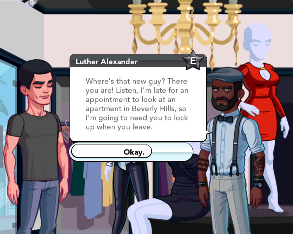 Kim Kardashian: Hollywood (Browser) screenshot: Your new boss needs you to lock up when you leave as he needs to go look at an apartment in Beverly Hills.