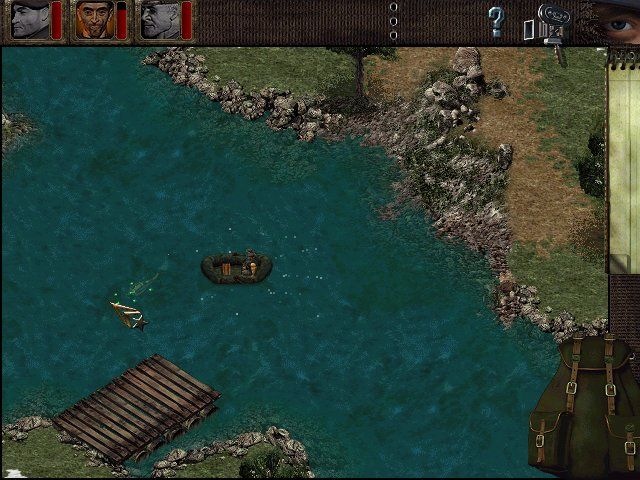 Commandos: Behind Enemy Lines (Windows) screenshot: You can dive or take a rubber boat across the river.