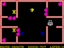Bomber Bob In Pentagon Capers (ZX Spectrum) screenshot: So many diamonds to collect here