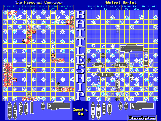 Battleship (DOS) screenshot: Almost over, both sides still need to find only one ship.