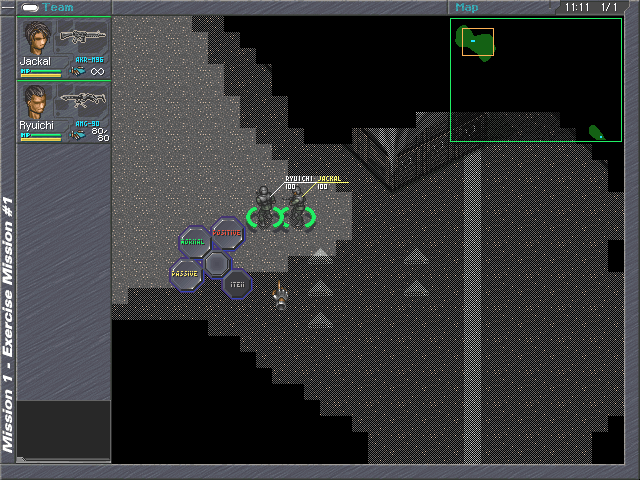 Aimpoint (DOS) screenshot: A pop-up menu allows to select the soldiers' automatic behaviour and use items