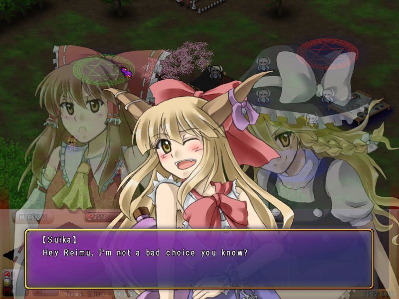 Age of Ethanols (Windows) screenshot: Reimu, Marisa and Suika
