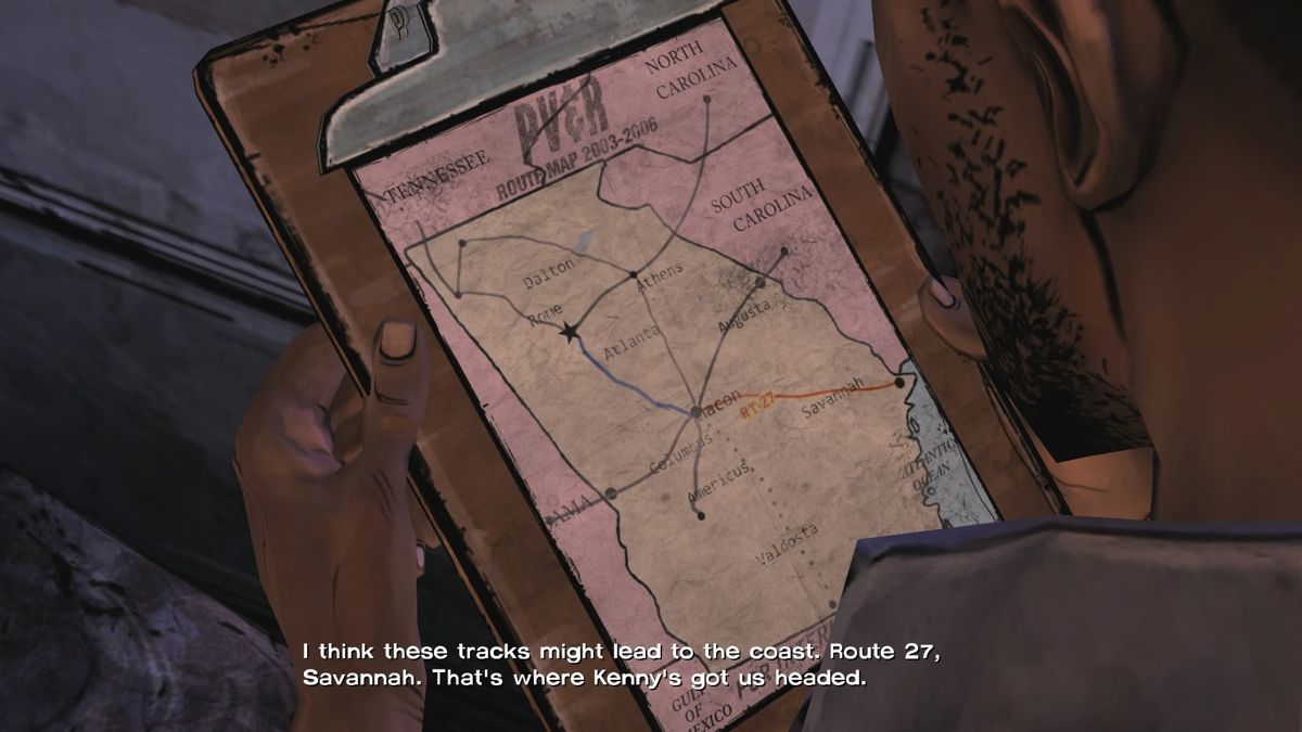 The Walking Dead: The Complete First Season Plus 400 Days (PlayStation 4) screenshot: Episode 3 - Found a map of a train route