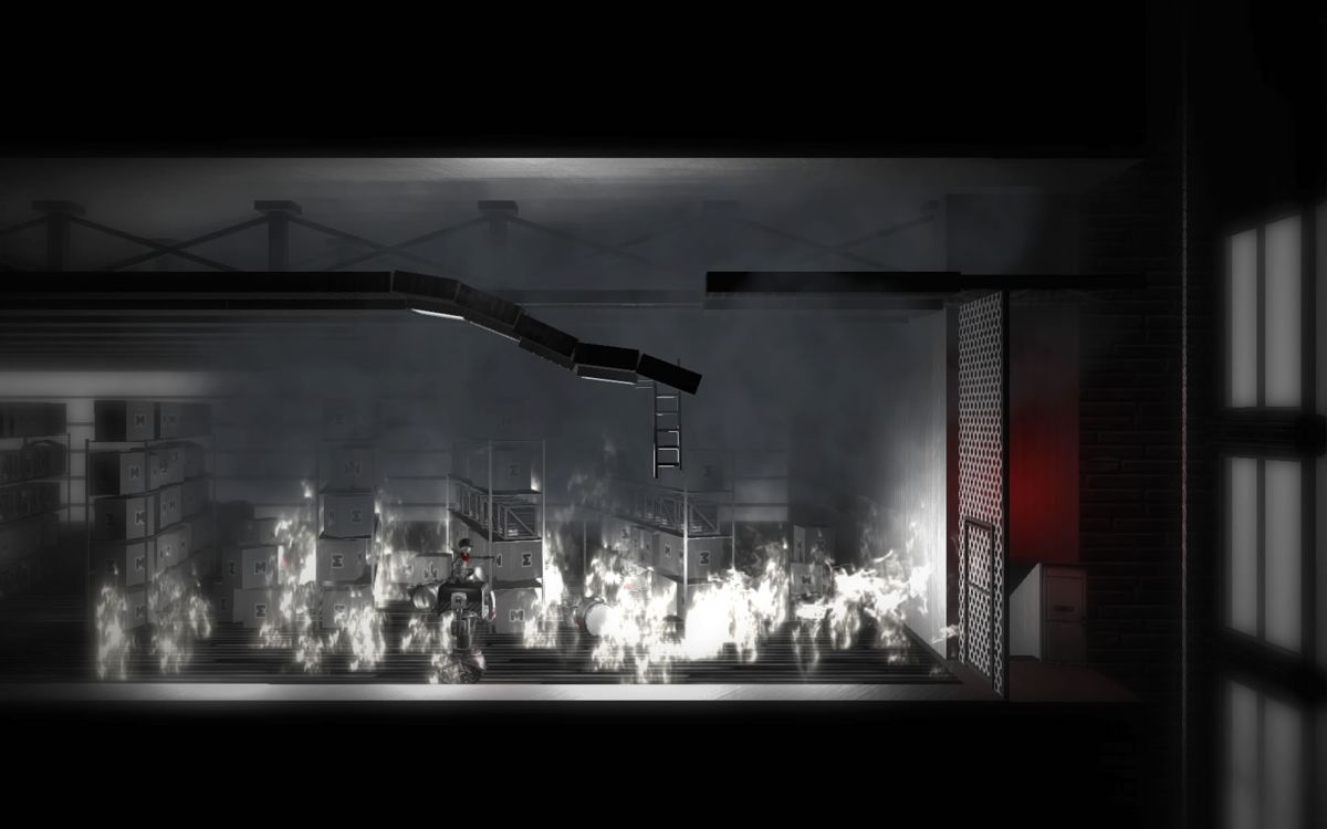 Monochroma (Windows) screenshot: The entire room is on fire.