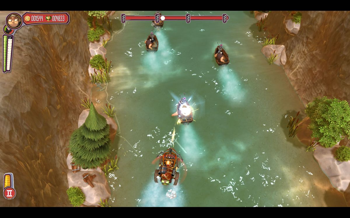 Pressure (Windows) screenshot: Shooting boats in a river.