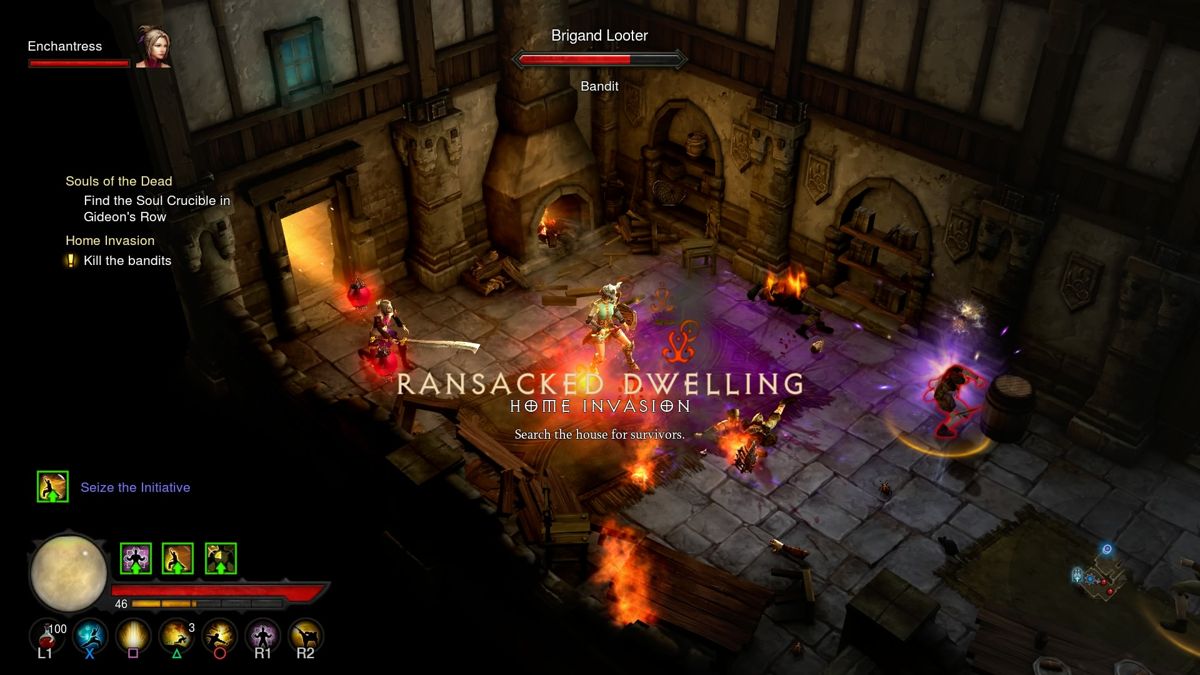 Diablo III: Reaper of Souls - Ultimate Evil Edition (PlayStation 4) screenshot: Reaper of Souls - Dealing with the bandits in a ransacked dwelling