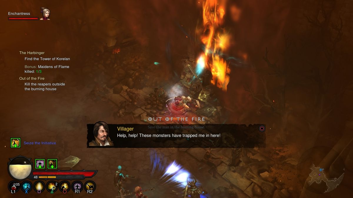 Diablo III: Reaper of Souls - Ultimate Evil Edition (PlayStation 4) screenshot: Reaper of Souls - Rescuing citizens from burning buildings
