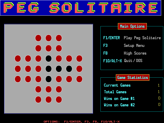 Peg Solitaire (DOS) screenshot: Pressing the F10 key brings up the setup options in the upper right box
