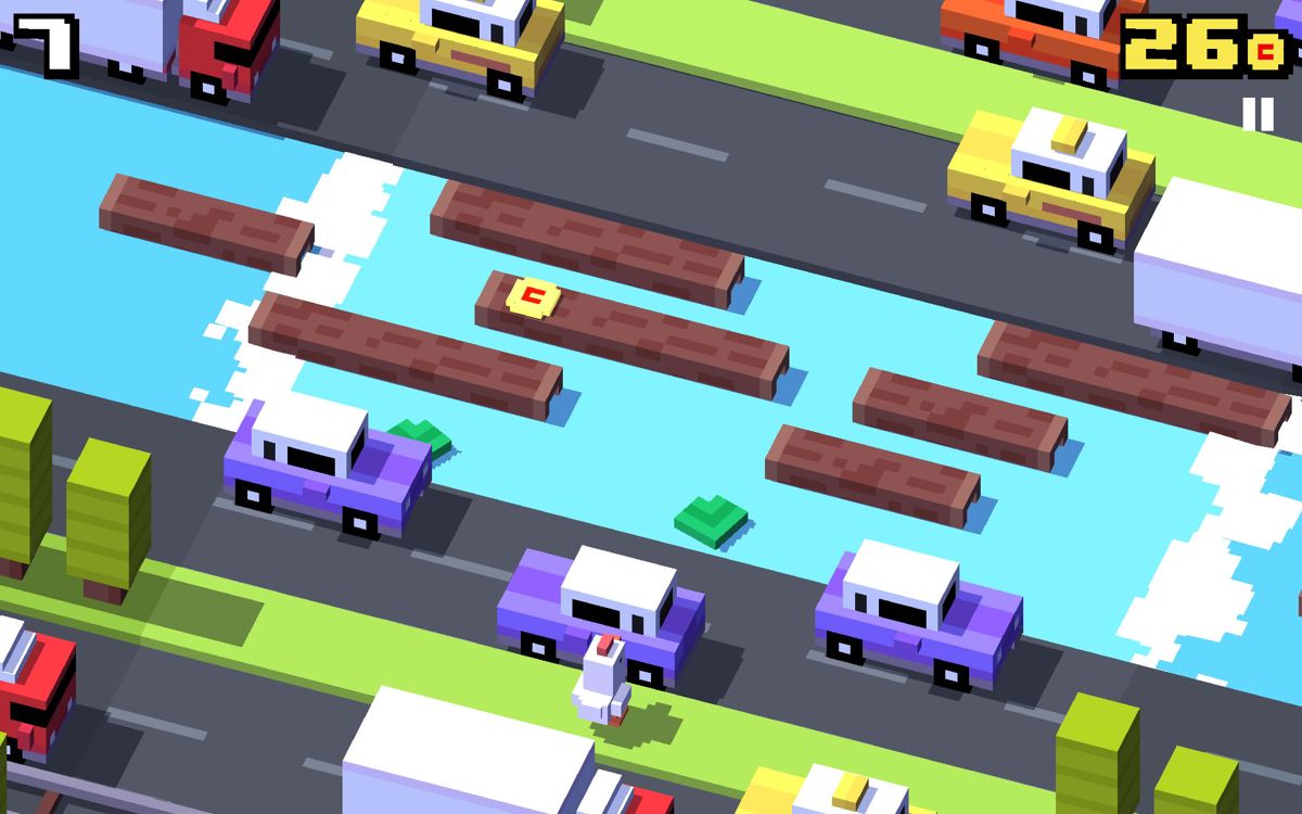 Crossy Road (Android) screenshot: There are some logs up ahead with a coin.