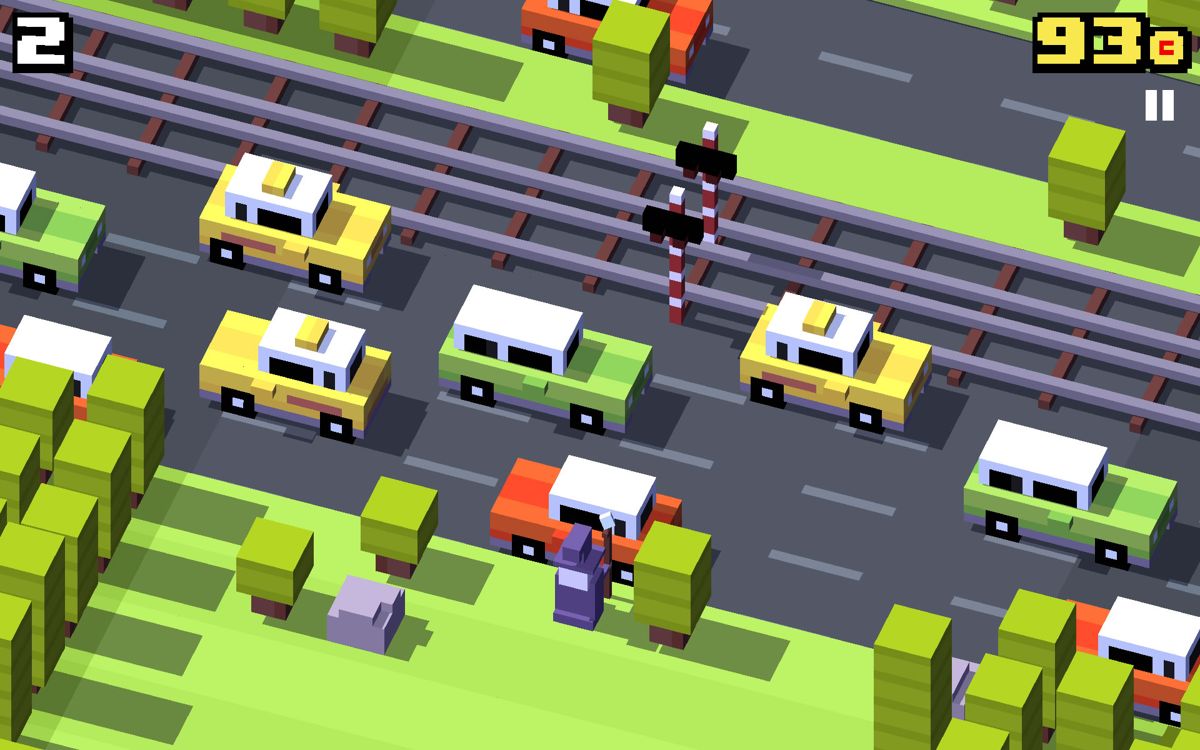 Crossy Road (Android) screenshot: Playing as a wizard.