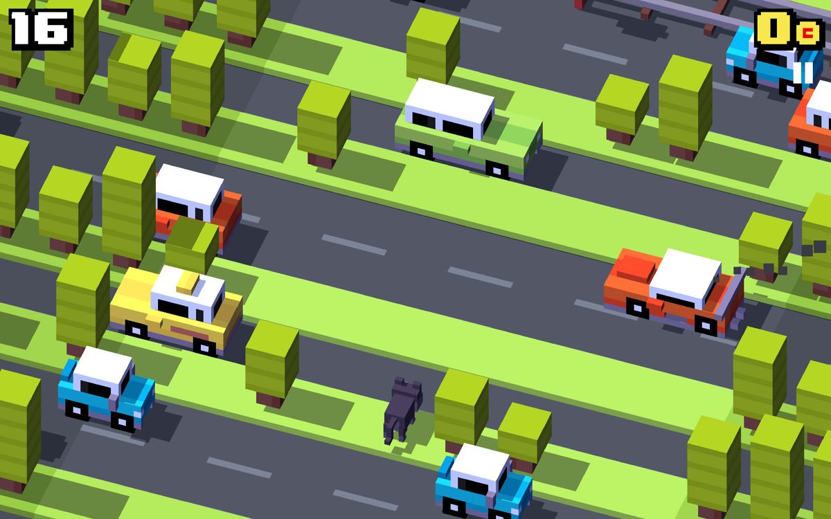 Crossy Road (Android) screenshot: Playing as a cat.