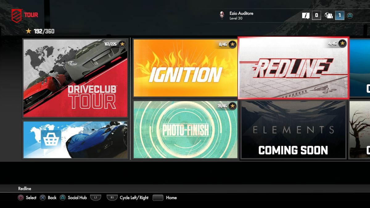 Driveclub (PlayStation 4) screenshot: Tiles menu style is becoming a thing now