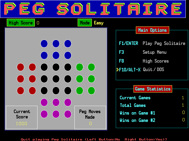 Peg Solitaire (DOS) screenshot: The start of a Colour Peg game in Easy mode. This game is being played with the mouse
