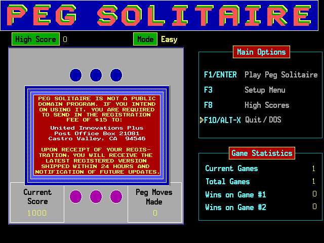 Peg Solitaire (DOS) screenshot: The game is shareware. On exit the player is reminded to make the appropriate registration payment