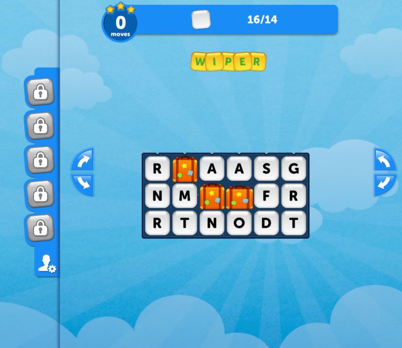 Words On Tour (Browser) screenshot: Travel bags appear because three moves were left when the level was completed.