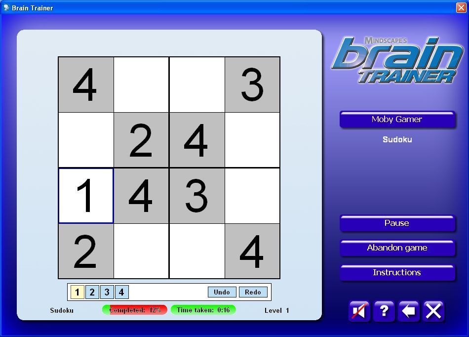 Mindscape's Brain Trainer (Windows) screenshot: Sudoku: The object is to fill in the grid, it gets harder as the tests progress