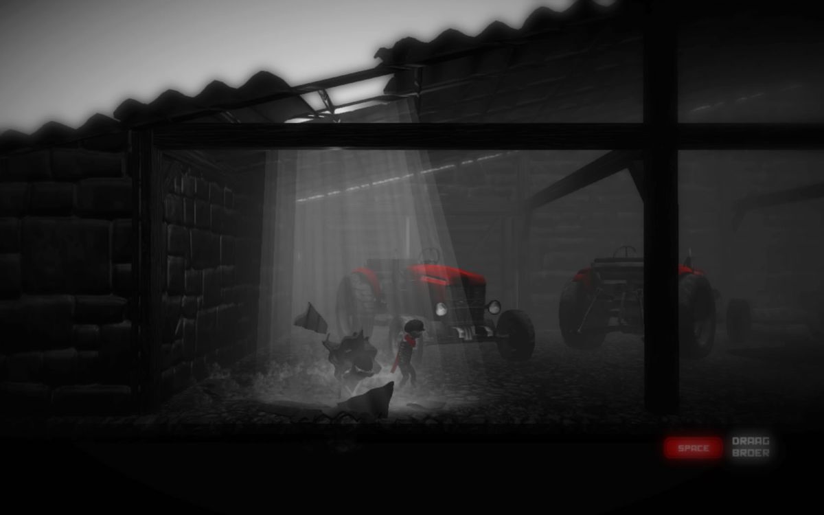 Monochroma (Windows) screenshot: Your brother fell down and broke his leg (Dutch version).