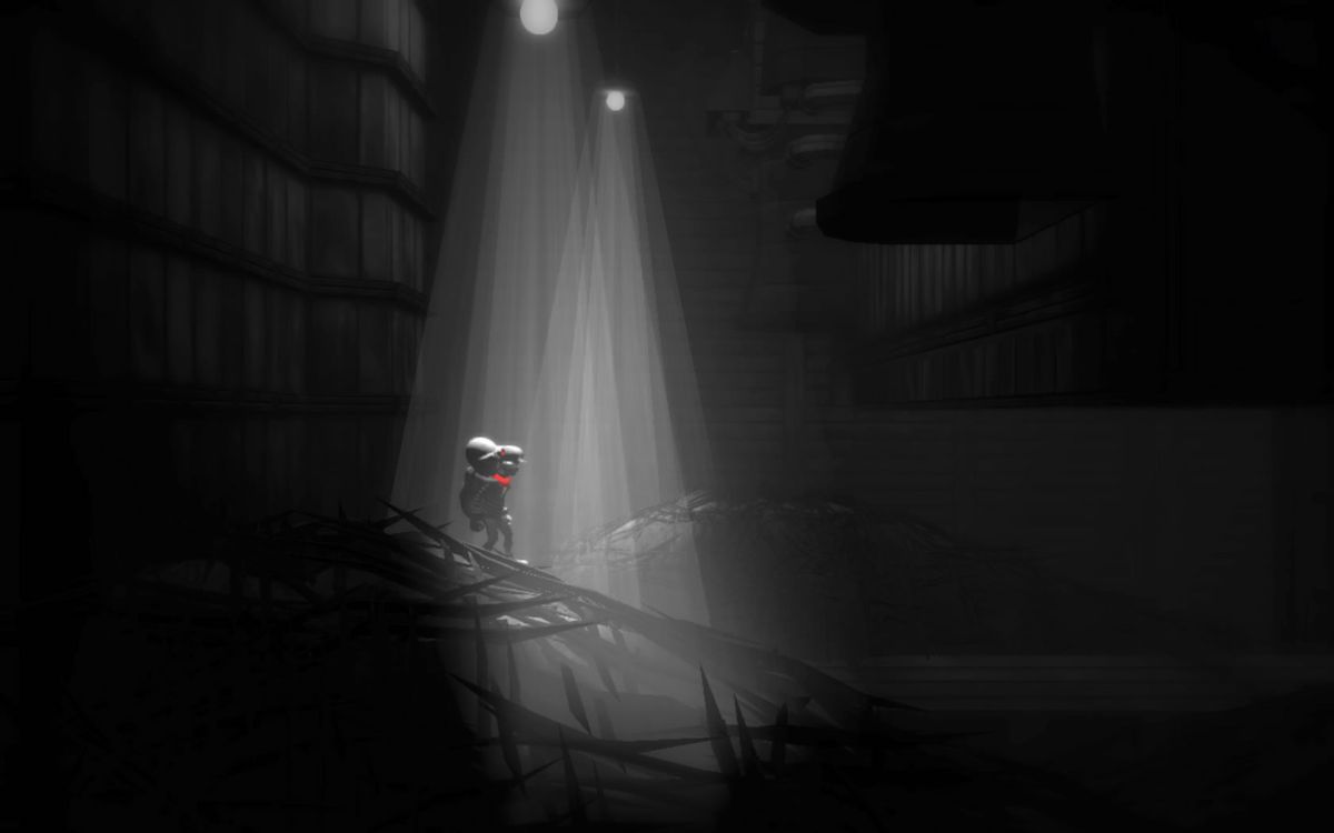 Monochroma (Windows) screenshot: You can only put down you brother in areas with light.