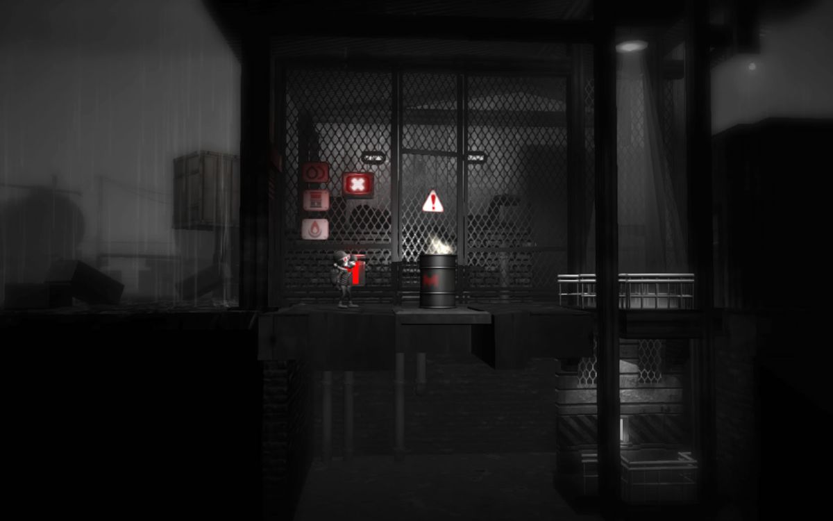 Monochroma (Windows) screenshot: A puzzle with an explosive barrel