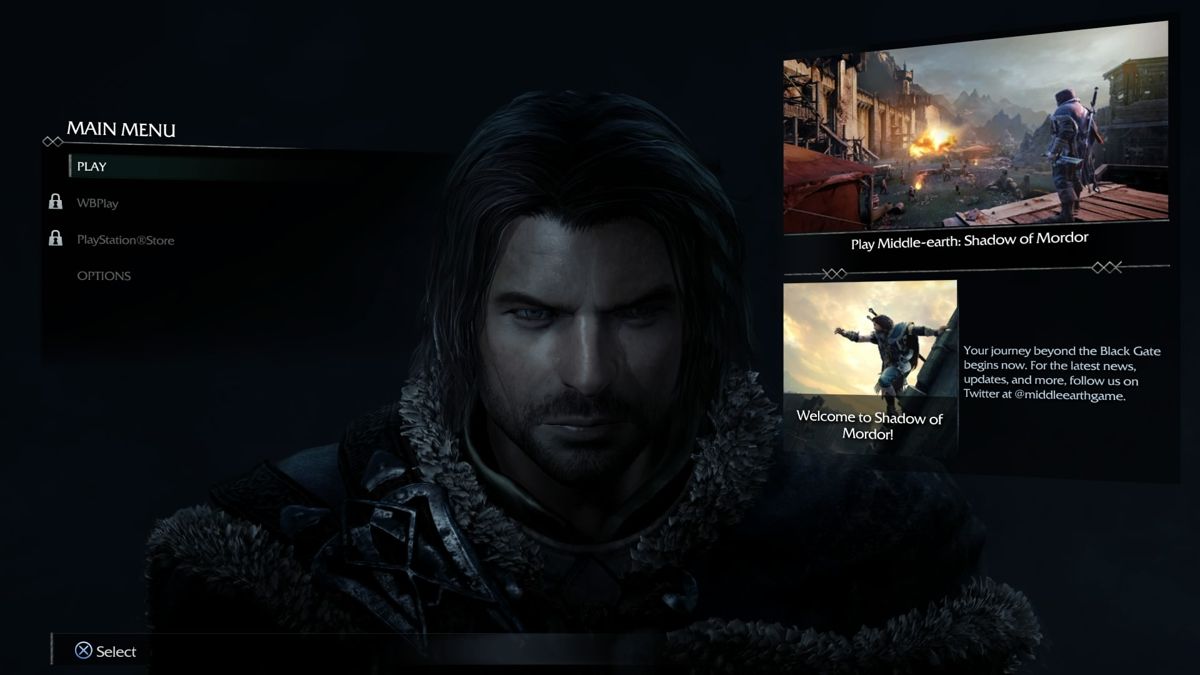 Middle-earth: Shadow of Mordor (PlayStation 4) screenshot: Main menu
