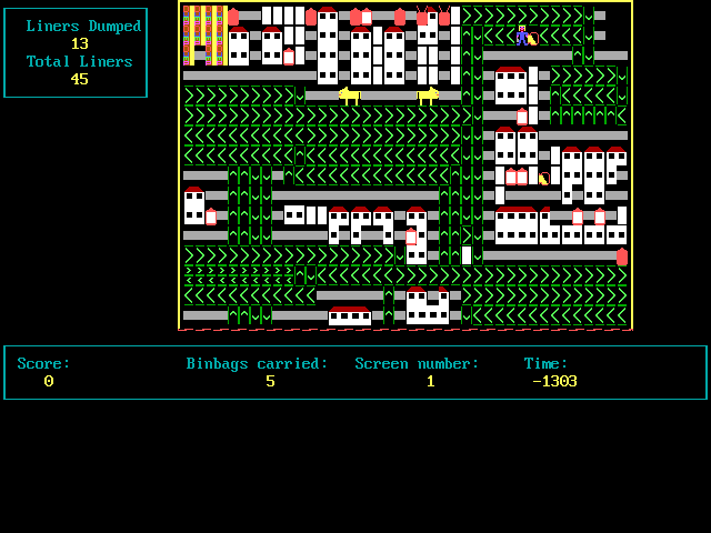 Dustman (DOS) screenshot: Heading back to base with a maximum load of five bags. Started with seven but two split, they are the yellow blobs in the upper right. VGA