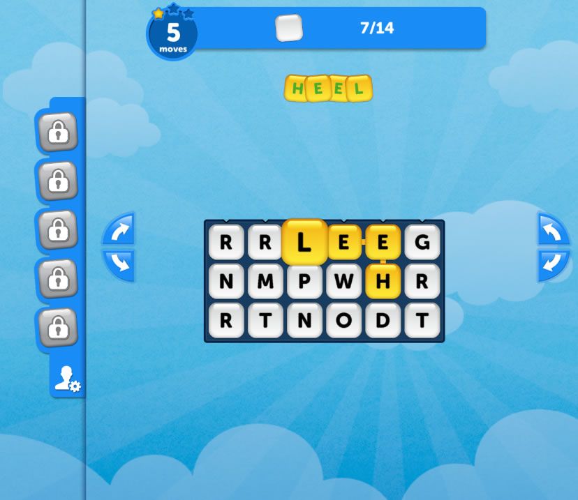 Words On Tour (Browser) screenshot: A word of five letters has been formed.