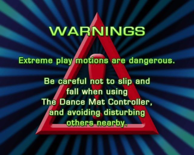 Dancing Stage Fusion (PlayStation 2) screenshot: This warning and another, which says "Keep a safe distance from the TV, read the Dance at instructions, and be considerate of neighbours" precede the title screen