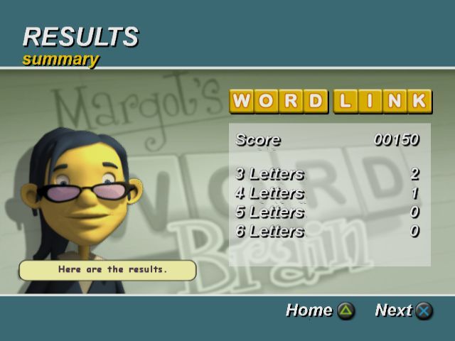 Margot's Word Brain (PlayStation 2) screenshot: Results