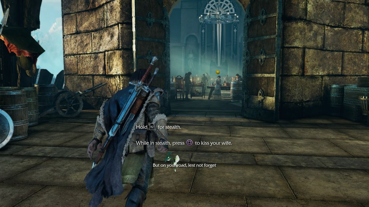 Middle-earth: Shadow of Mordor (PlayStation 4) screenshot: Sneaking in to kiss your wife surprise